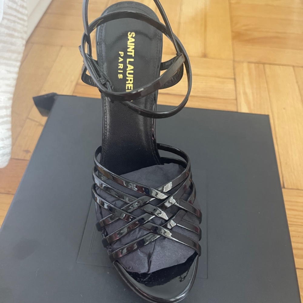 Saint Laurent Black Patent Platform Cage Sandals - Picture 7 of 8
